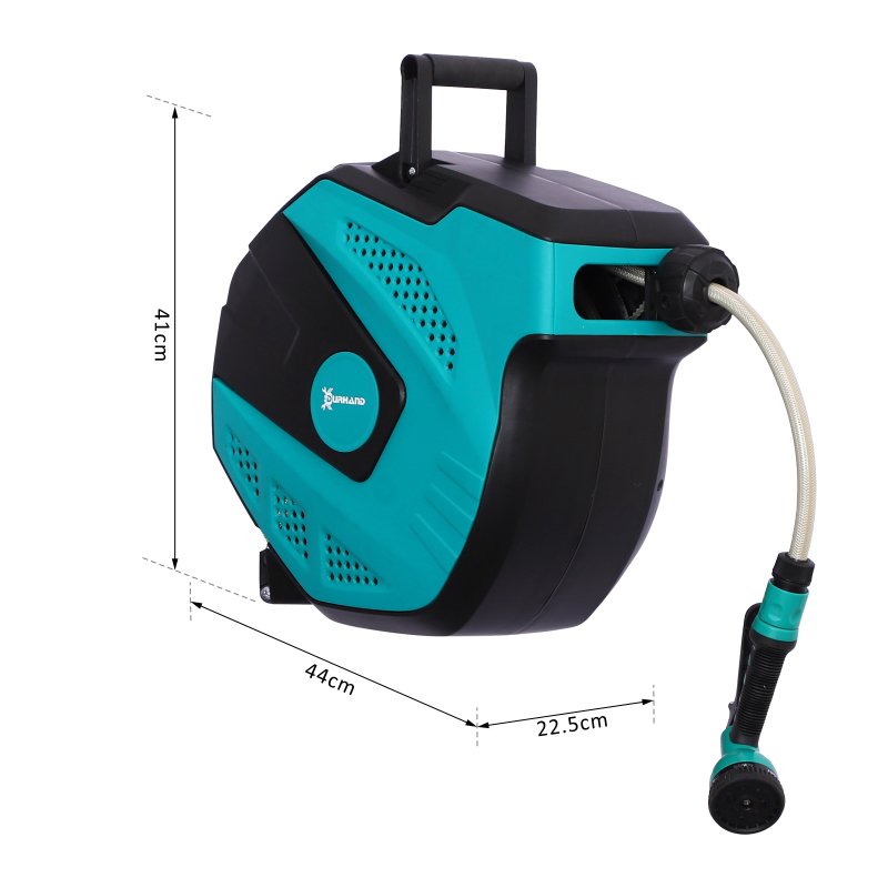 DURHAND 15m Garden Hose Reel Wall Mounted Auto Rewind with 7 Patterns Spray Nozzle, Includes Wall Fixings