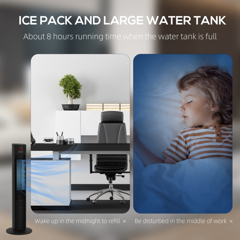 HOMCOM 42 Inch Tower Fan, Electric Cooling Fan with Ice Pack, Remote, 3.5L Water Tank, 12H Timer, Sleep Mode, 3 Speed, 4 Modes, Children Lock, 70° Oscillating, 60W, Black