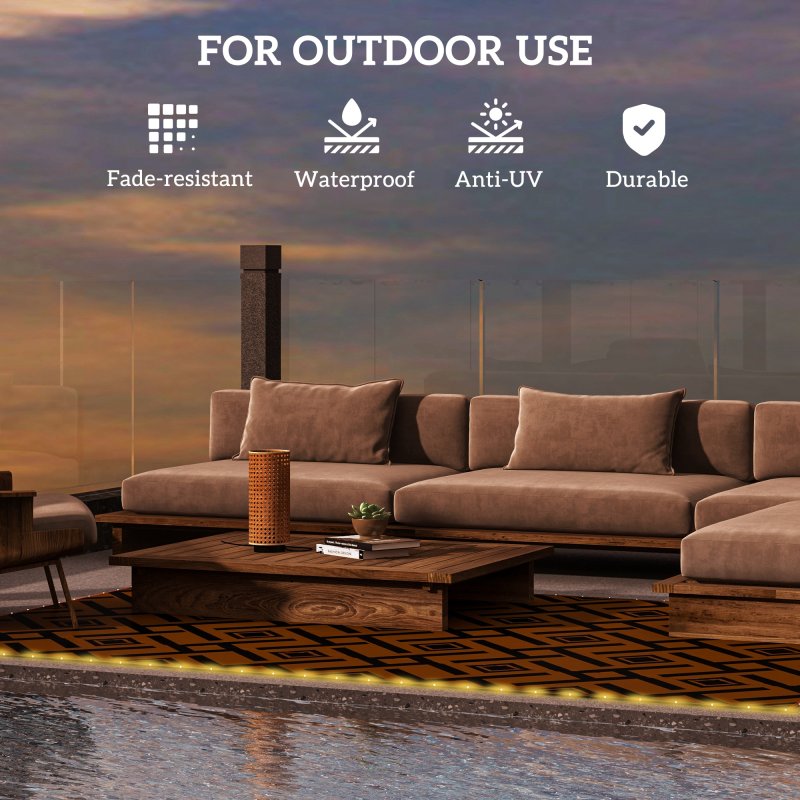 Outsunny Reversible Outdoor Rug with LED String Lights, Waterproof Plastic Straw Mat with Carry Bag for Garden, Deck, RV, Picnic, Beach, Camping, 182 x 274cm, Brown and Black