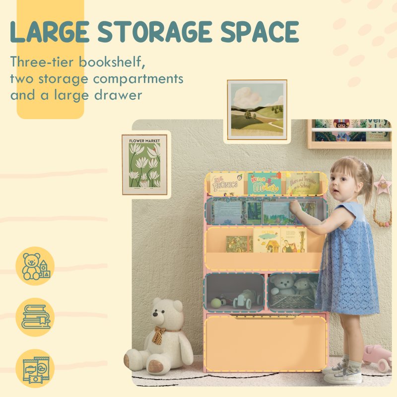 HOMCOM Kids Bookshelf with Storage Drawer, Children's Bookcase with Wheels, Toy Organiser for Bedroom, Playroom - Pink