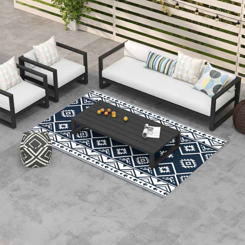 Outsunny Reversible Outdoor Rug with Carry Bag, Waterproof Plastic Straw Mat for Garden, Deck, RV, Picnic, Beach, Camping, 182 x 274cm, Dark Blue and White