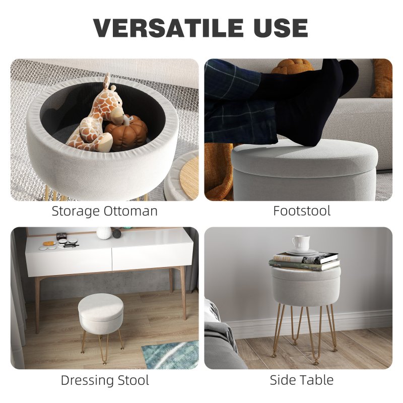 HOMCOM 5L Velvet Storage Ottoman, Modern Round Footstool with Metal Hairpin Legs and Removable Lid, Dressing Table Stool Side Table for Hallway, Bedroom, Living Room, 33 x 33 x 43 cm, Cream White
