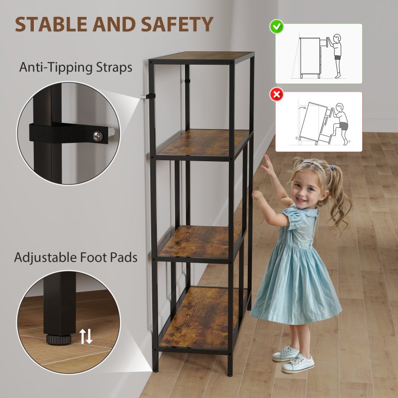 HOMCOM 4-Tier Bookshelf, Industrial Bookcase with Metal Frame, Storage Shelving Unit, Freestanding Shelves for Home Office, Study, Living Room, Bedroom, Rustic Brown