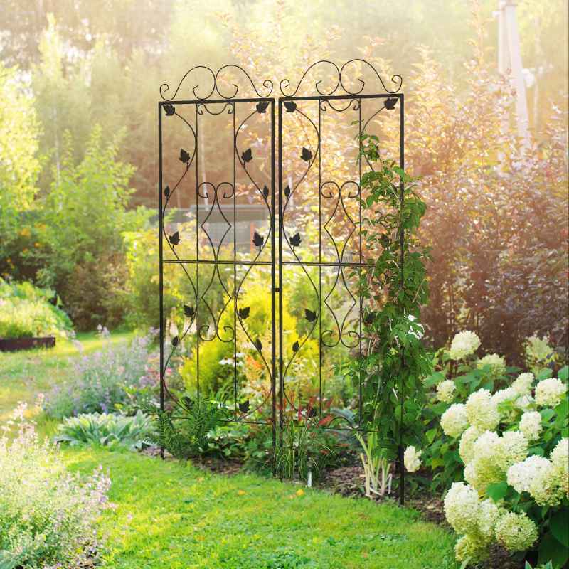 Outsunny Set of 2 Garden Trellis, Metal Trellis for Climbing Plants Support Frames, 50 x 181cm, Leaf Design