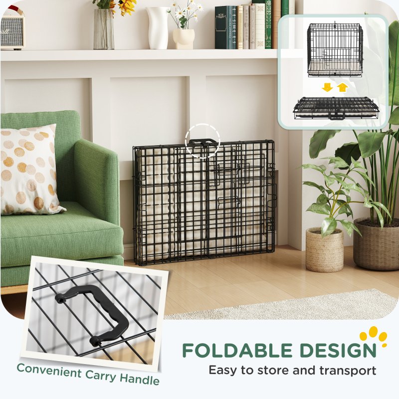 PawHut Dog Crate, Folding Metal Dog Cage with Two Doors, Tray, Soft Cushion, for Extra Small Dogs, 60 x 40 x 50 cm, Black