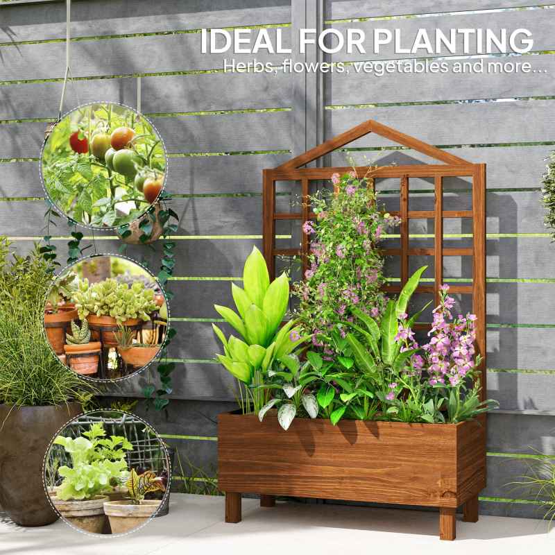 Outsunny Wooden Planters with Trellis for Vine Climbing, Raised Beds for Garden Patio, Outdoor Planter Box for Vegetables, Flowers, Herbs, Distressed Brown
