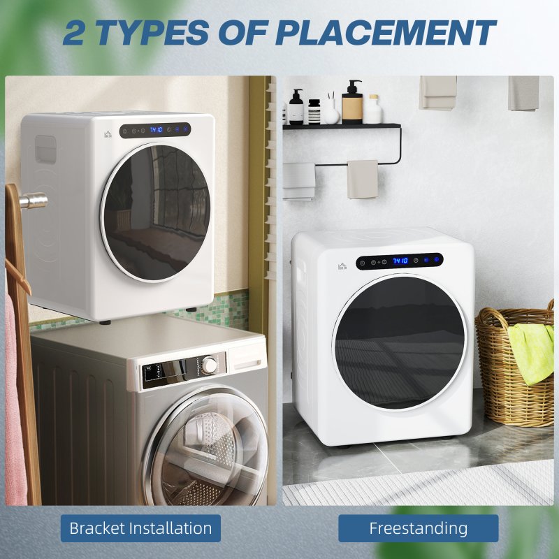HOMCOM 4kg Vented Tumble Dryer, 1000W Compact Freestanding Front Tumble Dryer with Stainless Steel Tub, Timer, 6 Heat Settings, Small Portable Clothes Drying Machine, White