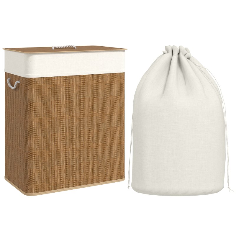 HOMCOM Double Laundry Basket with Lid, 100L Bamboo Laundry Hamper with Rope Handles, Washing Basket with Removable Liner for Bathroom, Bedroom