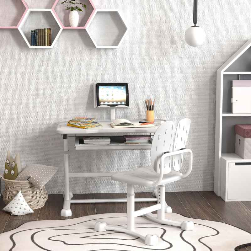 AIYAPLAY Kids Desk and Chair Set, Height Adjustable School Study Table Chair Set with Tilted Desktop, Storage Drawer, Book Stand, for Writing Reading, kids Aged 3-12 Years, Grey