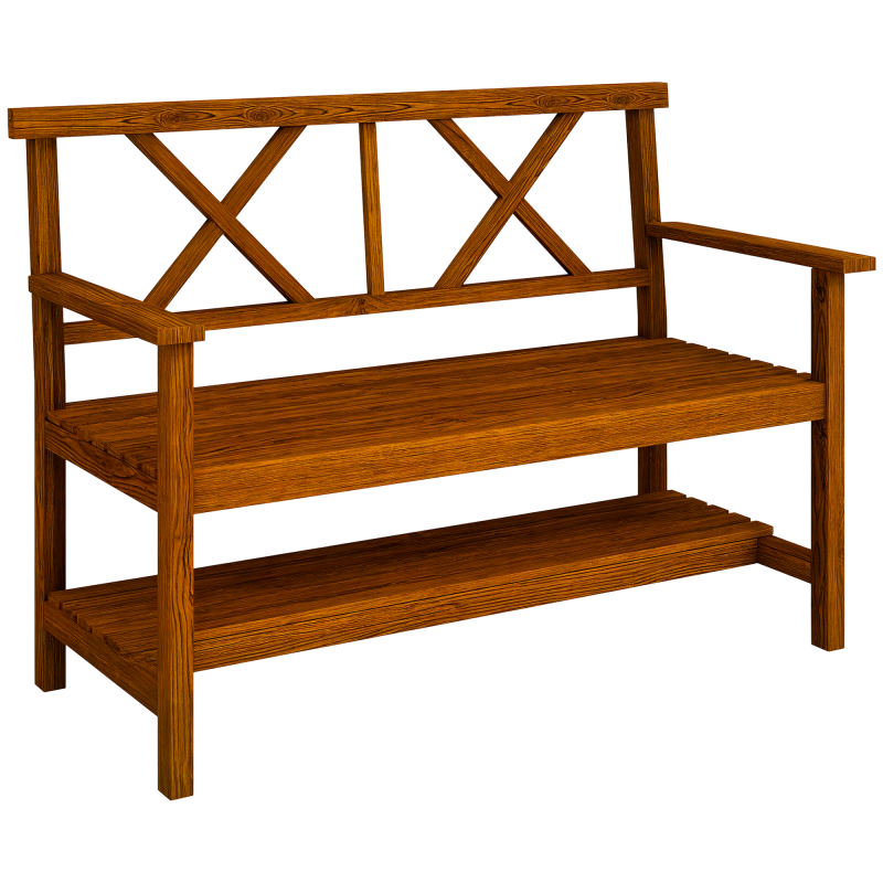 Outsunny Wooden Garden Bench, 2-Seater Outdoor Bench with Storage Shelf, Backrest, Armrests and Slat Seat for Patio, Lawn, Deck, Carbonized