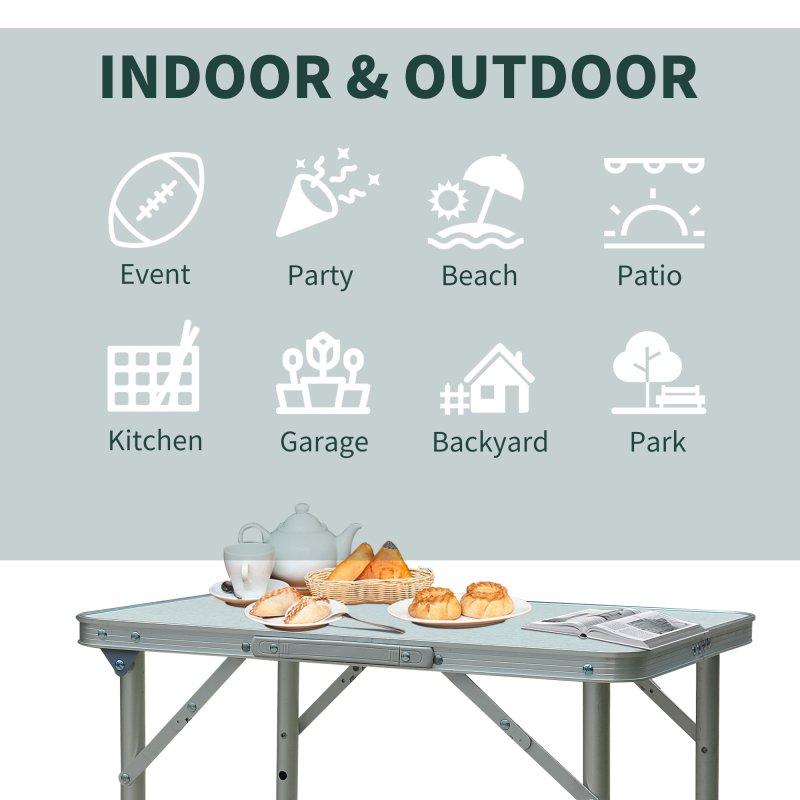 Outsunny 2FT Garden Outdoor Camping Table Portable Folding Picnic Table Aluminium Frame with Adjustable Height 60L x 45W x 64H (cm)