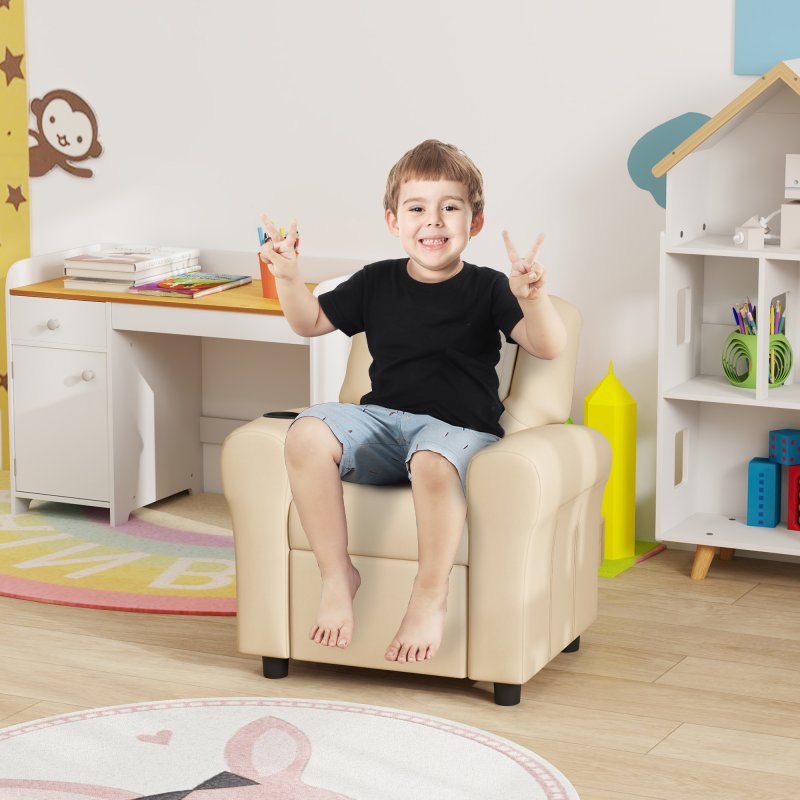 HOMCOM Kids Recliner, PU Leather Kids Armchair, Child Chair, Toddler Armchair with Adjustable Backrest, Footrest, Padded Headrest, Cup Holder, Beige