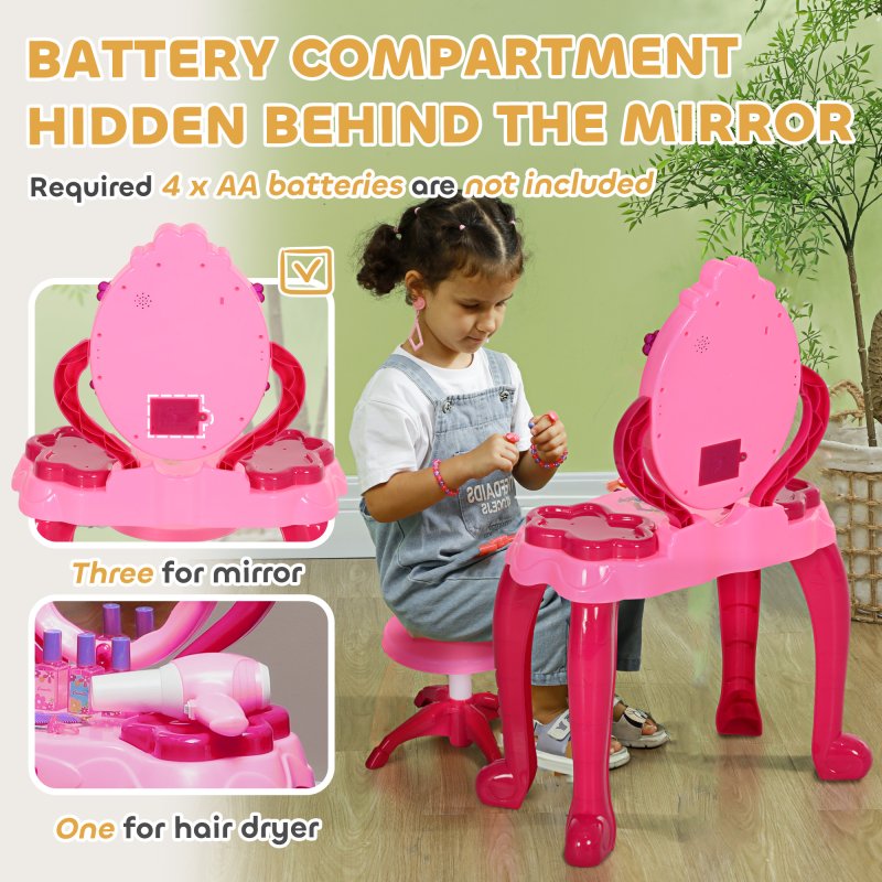 AIYAPLAY Kids Dressing Table with Mirror and Stool, Kids Vanity Table Make Up Pretend Play Toys with Light, Music, 15 Accessories, for Ages 3-6 Years, Pink