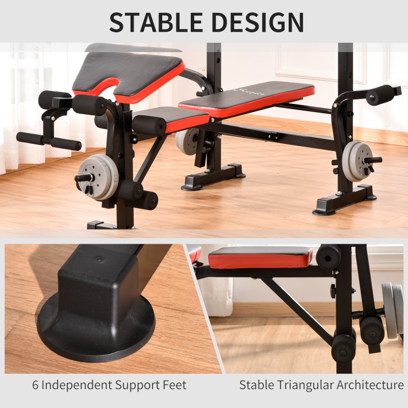 HOMCOM Adjustable Weight Bench with Leg Extension, Barbell Rack, Preacher Curl Pad, Butterfly, Multi-Function Home Gym Bench for Strength Training, Red