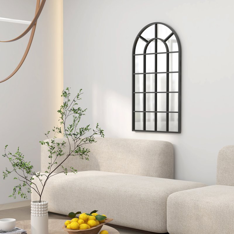 HOMCOM Modern Arched Wall Mirror, 110 x 62 cm Window Mirror for Living Room, Bedroom, Black