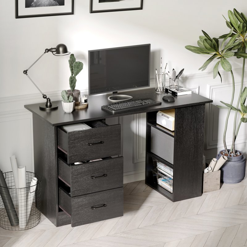 HOMCOM Computer Desk, Writing Table, PC Workstation with 3 Storage Shelves and Drawers, Black Handle, for Home Office