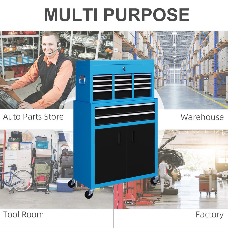 HOMCOM Tool Chest, Metal Tool Cabinet on Wheels with 6 Drawers, Pegboard, Top Chest and Roller Cabinet Combo, 61.6 x 33 x 108cm, Blue