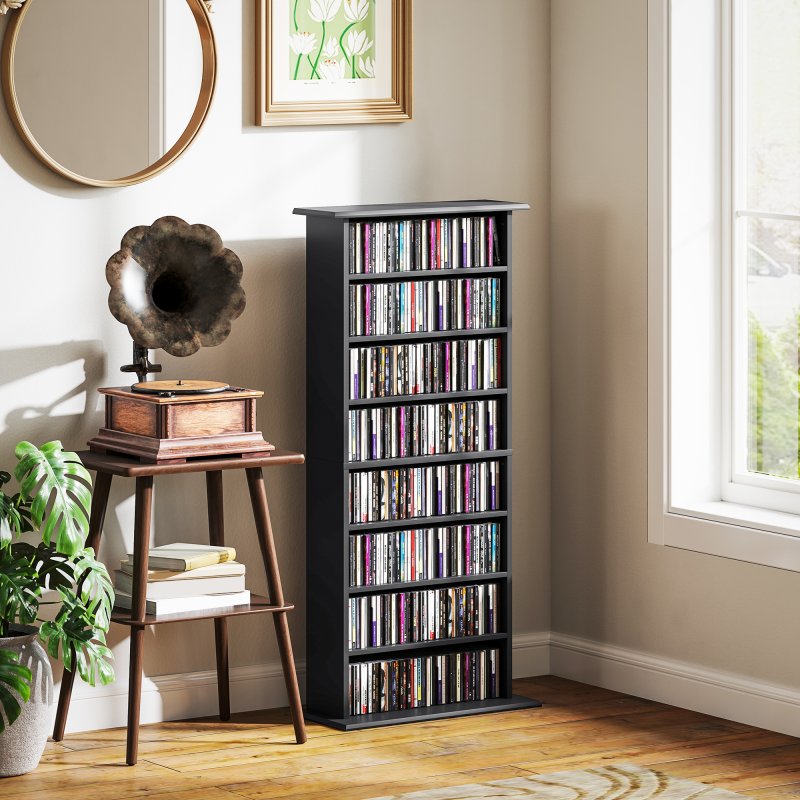HOMCOM 360 CD/185 DVD Storage Unit, 185 Blu-ray Media Storage Shelf with 8 Compartments and 6 Adjustable Shelves, CD Tower for Living Room, Bedroom, Office
