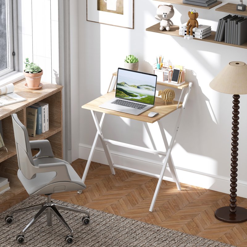 HOMCOM Folding Desk with Monitor Shelf, 70 cm Foldable Computer Desk for Small Spaces, Space Saving Writing Table Workstation for Home Office, Study, Easy Assembly