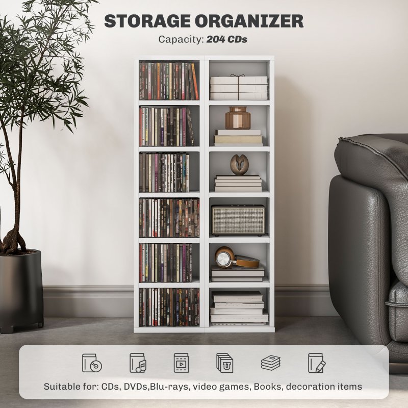 HOMCOM 204 CD Media Display Shelf Unit Set of 2 Blu-Ray Tower Rack w/ Adjustable Shelves Bookcase Storage Organiser, High Gloss White