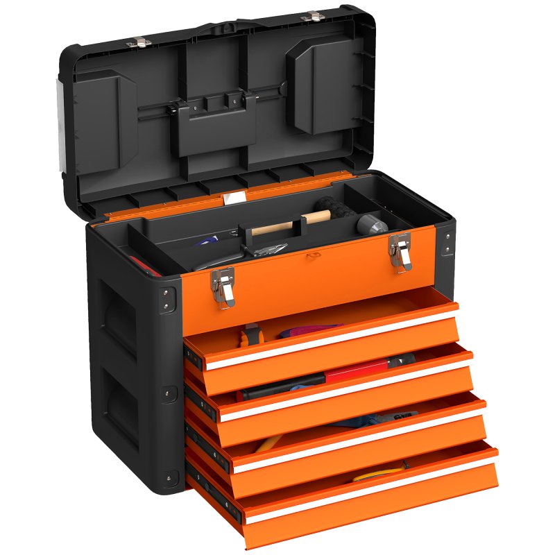 HOMCOM 4 Drawers Large Tool Box, Powder Coated Steel Toolbox with Top Tray, Mini Parts Boxes, Ball Bearing Runners, Handle, Heavy Duty Tool Chest for Workshop, Garage, 497mm x 253mm x 407mm, Orange
