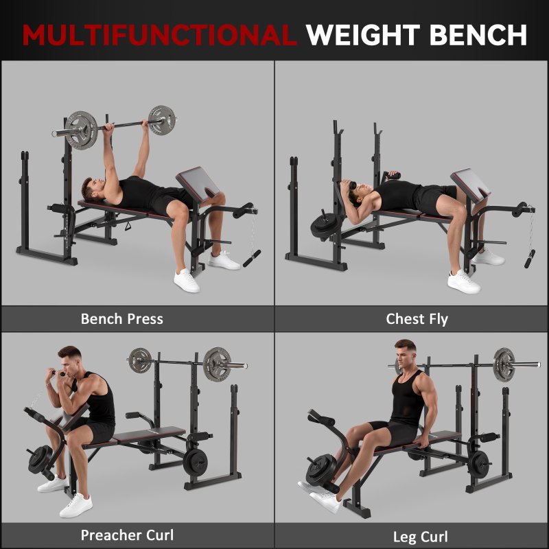 SPORTNOW Weight Bench with Bench Press Rack, Preacher Curl Bench, Leg Curl Machine, Incline or Flat Workout Bench for Home Gym Strength Training Weight Lifting