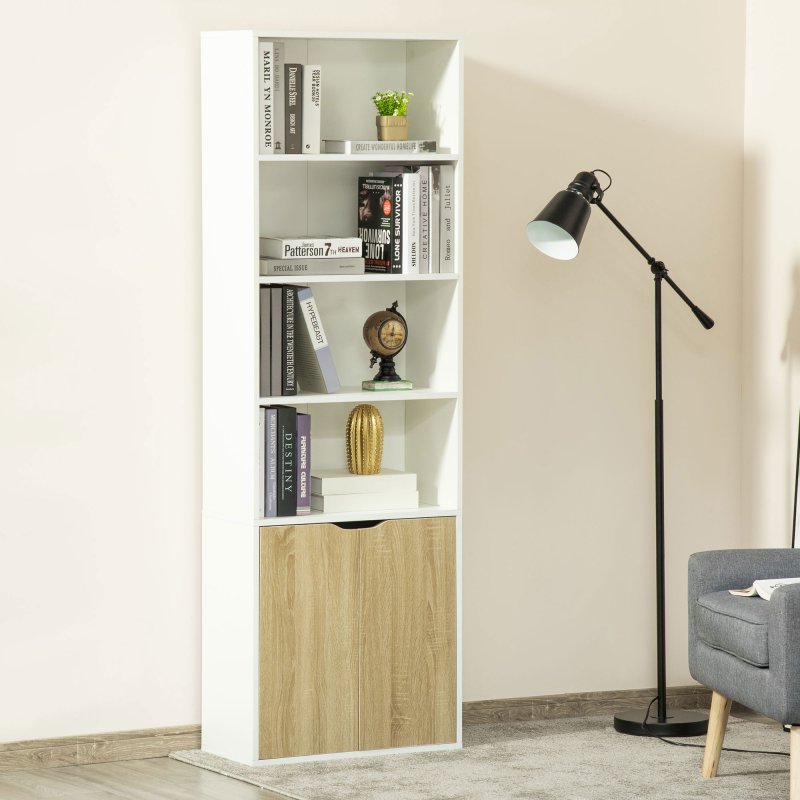HOMCOM 6-Tier Tall Bookcase, Bookshelf with 4 Open Shelves and Double Door Storage Cabinet, Freestanding Display Rack for Living Room, Bedroom, Home Office, Study, 59 x 29 x 180cm