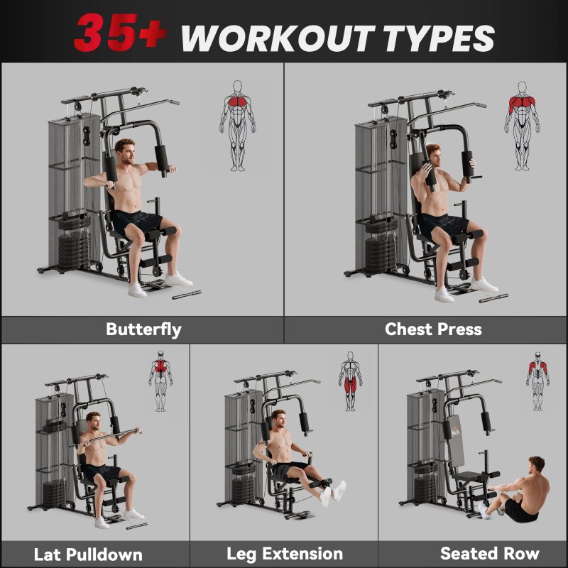 HOMCOM Home Gym Equipment, Multi Gym Workout Station with 45Kg Weight Stack, Chest Station, Butterfly Press & Leg Developer for Strength Training, Black