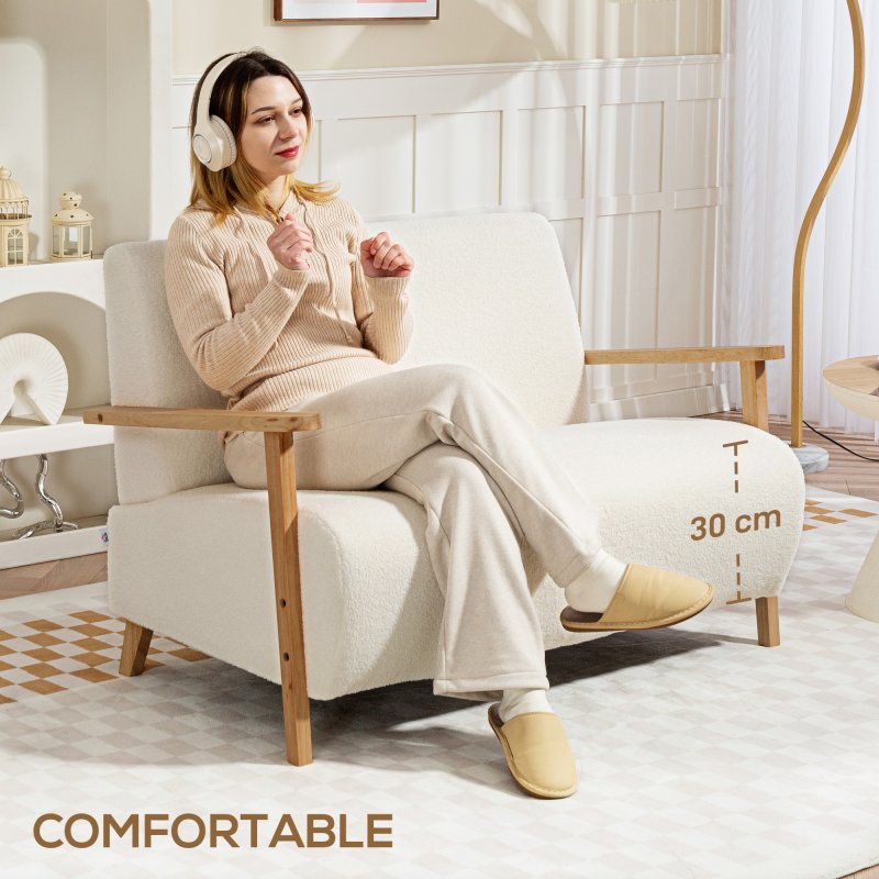HOMCOM 2 Seater Sofa, Small Sherpa Fabric Couch Settee, Nordic Upholstered Loveseat with Wood Legs and Armrests, Thick Seat for Living Room, Bedroom, Office, Cream White