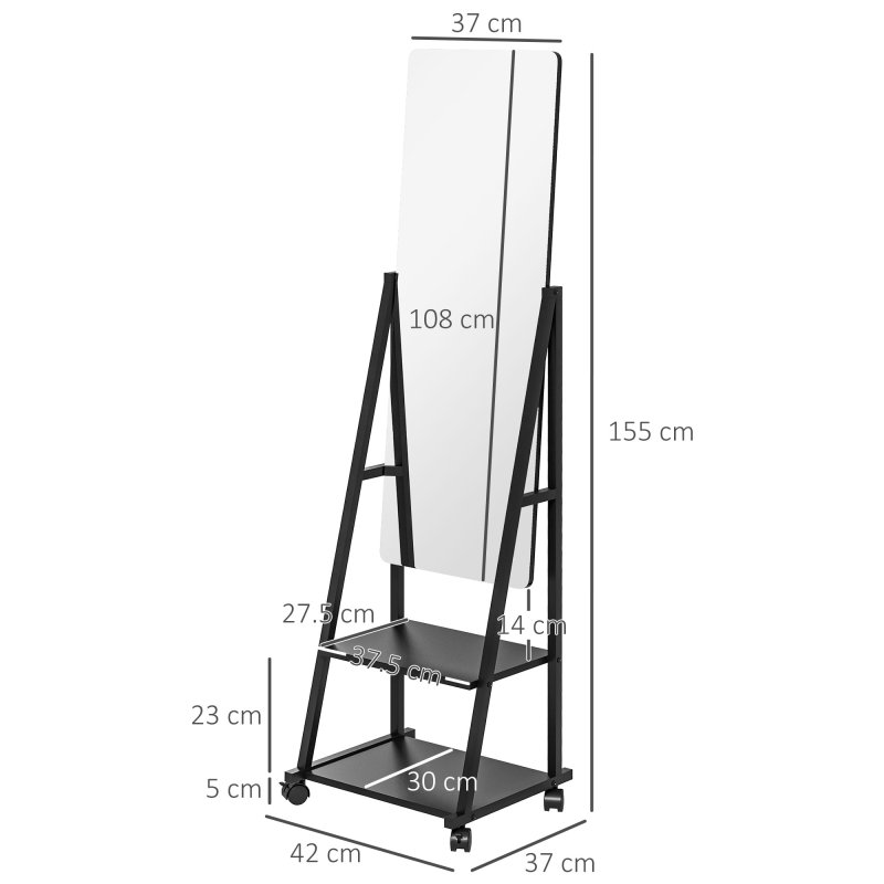 HOMCOM Free Standing Full Length Mirror, Rolling Full Body Mirror with Adjustable Angle, 2 Storage Shelves and 4 Wheels for Bedroom, Living Room, Hallway, Black