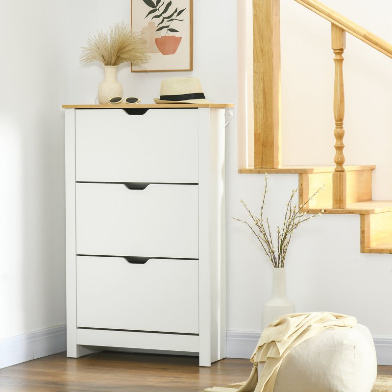 HOMCOM Narrow Shoe Cabinet, Space Saving Shoe Storage Cabinet with 3 Flip Drawers and Adjustable Shelves for 18 Pairs of Shoes for Hallways and Living Room, White