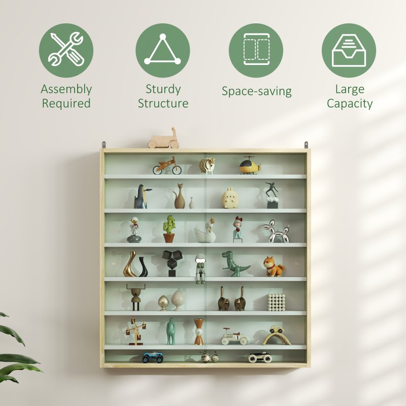 HOMCOM 7-Tier Wall Mounted Display Cabinet, Display Case with 6 Adjustable Shelves, Glass Doors for Home Office Ornaments 83x80cm, Oak