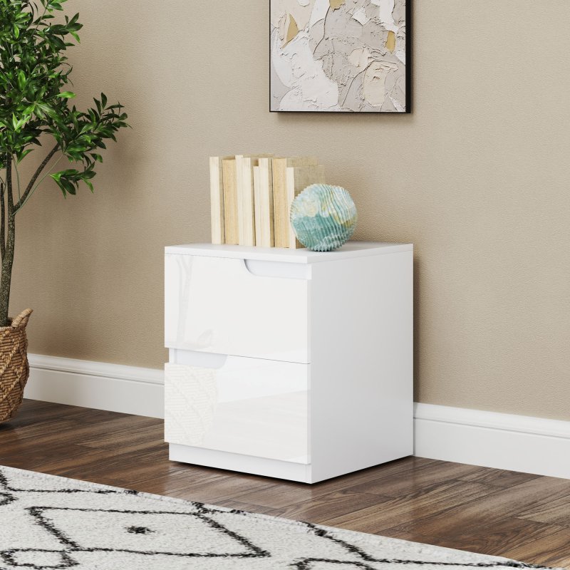 HOMCOM Bedside Table, Bedside Cabinet with 2 Drawers, Modern Side Table with Storage for Bedroom, Living Room, High Gloss White