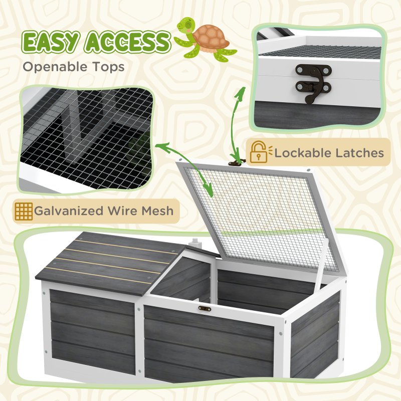 PawHut Wooden Tortoise House, Tortoise Table with Hide Shelter Run, Openable Top, Tray, Dark Grey