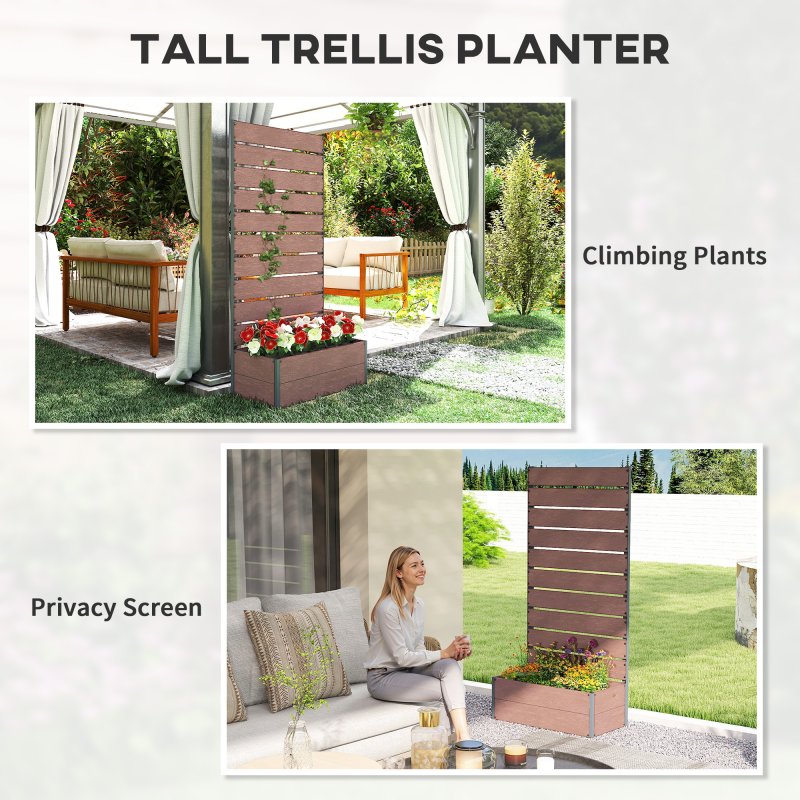 Outsunny Garden Planter with Trellis for Climbing Plants, Vines, Flowers, Freestanding Raised Bed for Garden, Outdoor, Patio, Planter Box with Drainage Gap, 72x38x150cm, Light Brown