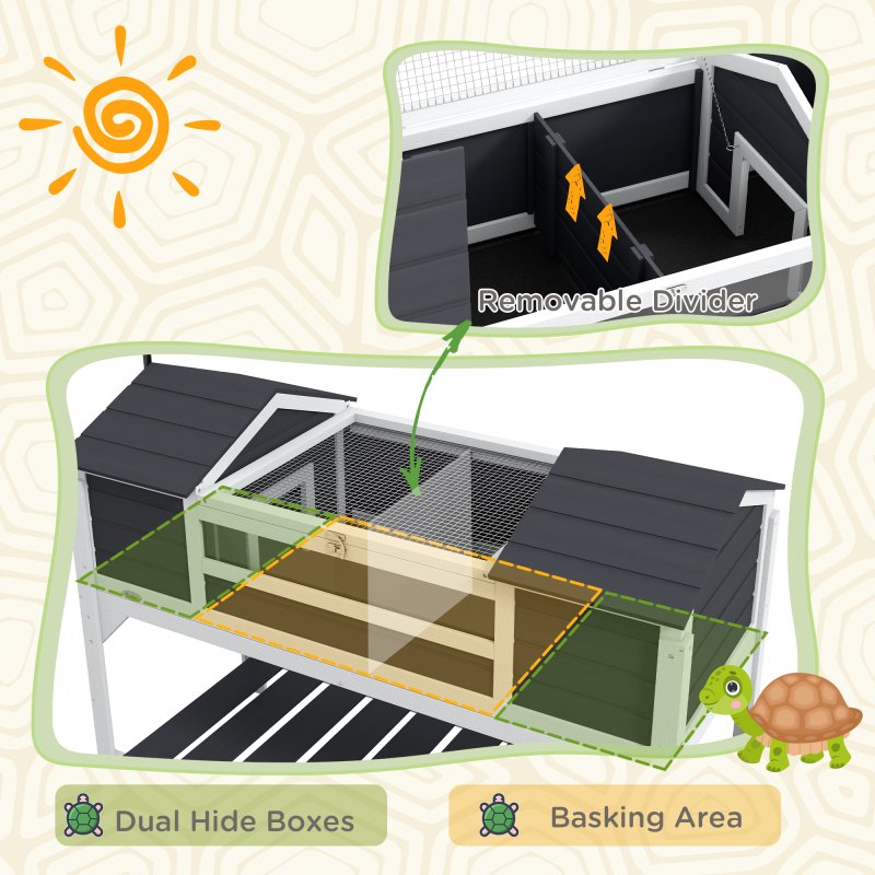 PawHut Tortoise House, Wooden Tortoise Enclosure with Adjustable Lamp Holder, Tortoise Table with Openable Lid, Dual Main Houses, Storage Shelf, Basking Area, Fixed Tray - Grey