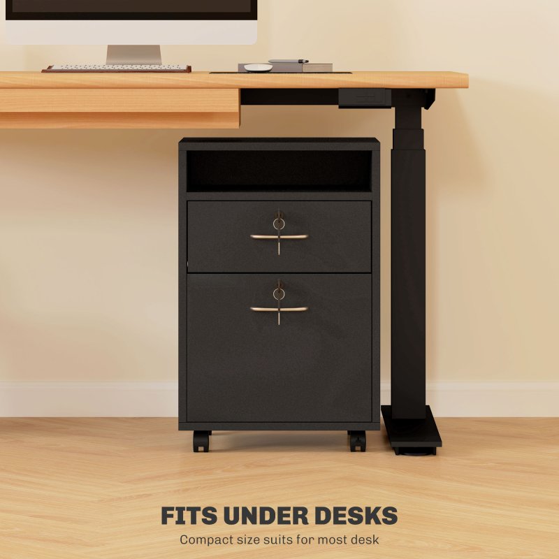 HOMCOM 60cm Filing Cabinet with Drawer, Open Shelf, Metal Handles and 4 Wheels, Office Home Organiser Mobile Printer with Two Locks