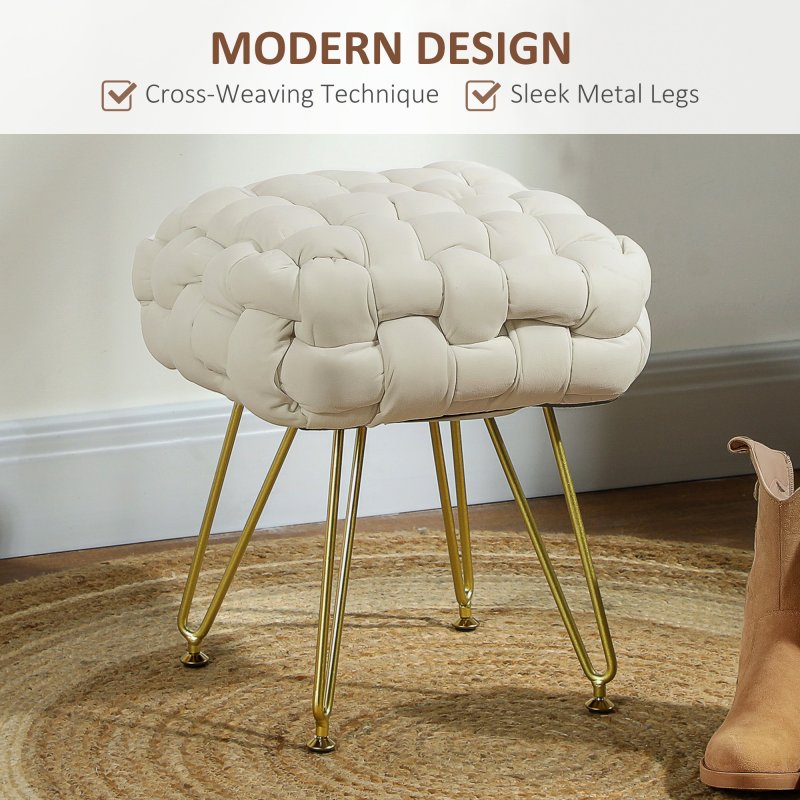 HOMCOM Square Foot Stool, Woven Footrest Ottoman with Metal Legs, Padded Makeup Vanity Stool, Velvet Dressing Table Seat for Bedroom