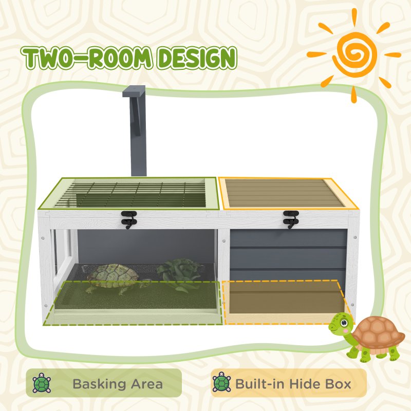PawHut Tortoise House, Wooden Tortoise Table, Tortoise Enclosure with Wooden Lamp Holder, Openable Lids, Pull-Out Trays - Grey
