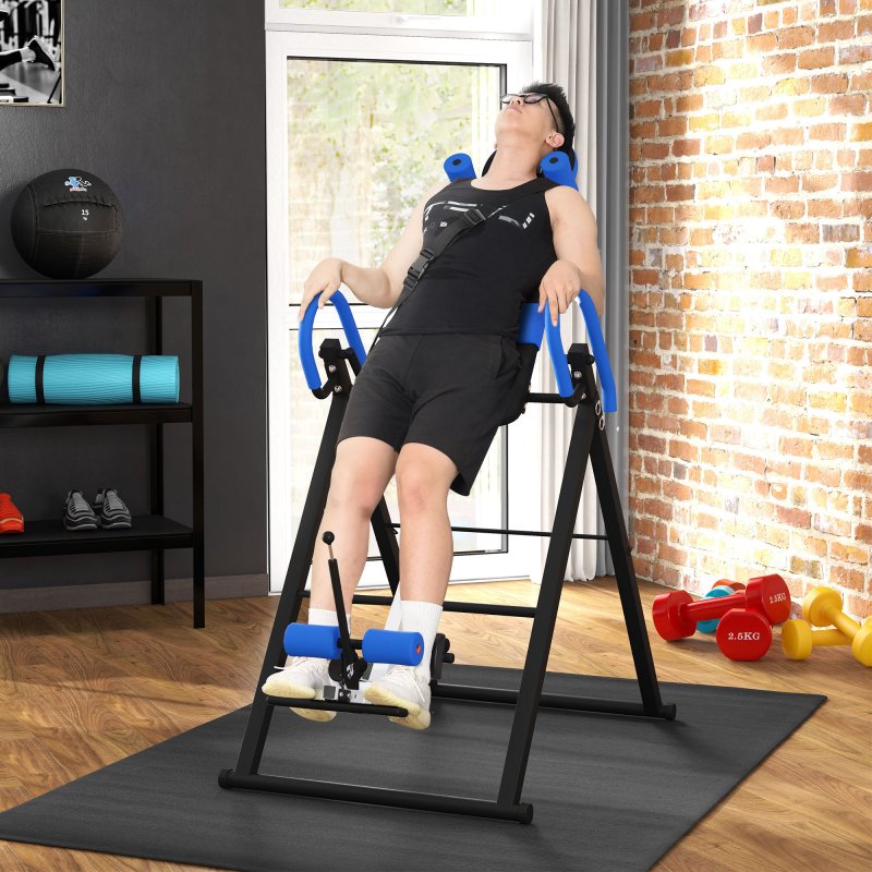 HOMCOM Gravity Inversion Table w/ Safety Belt Adjustable Hand Stand Home Back Stretcher Machine For Muscle Pain Relief, Blue