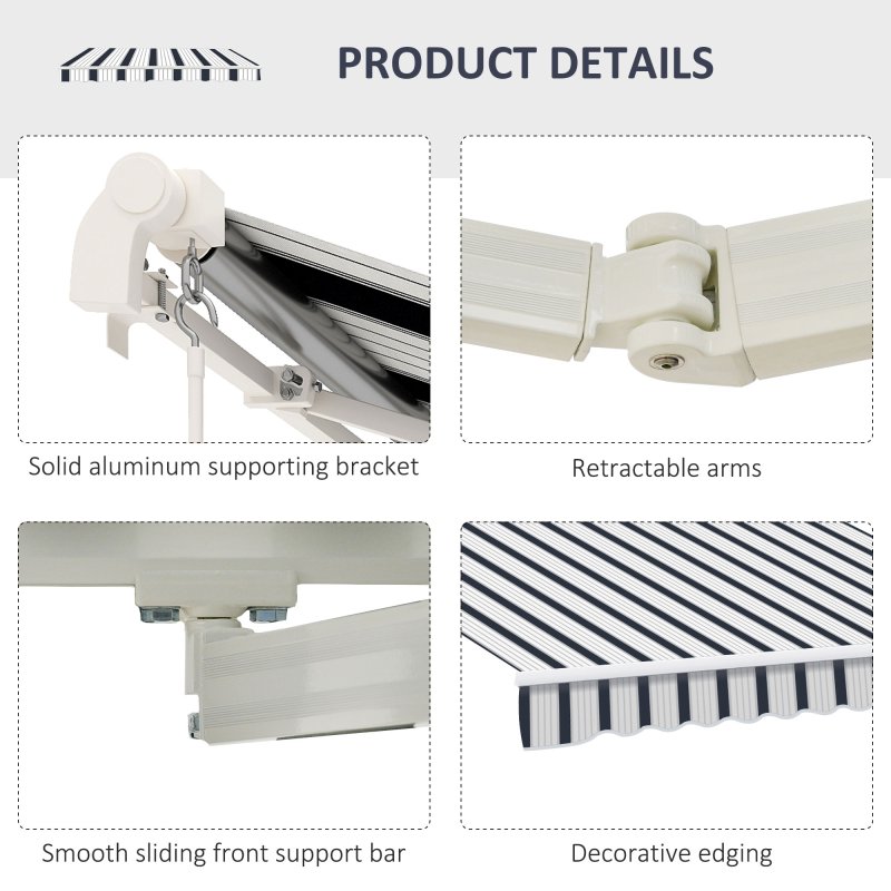 Outsunny 4 x 3(m) Garden Patio Manual Awning Canopy Aluminium Sun Shade Shelter Retractable for Backyard, Blue and White