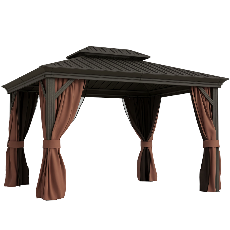 Outsunny 3 x 3.7m Outdoor Hardtop Gazebo Canopy Aluminium Frame with 2-Tier Roof & Mesh Netting Sidewalls for Patio, Dark Brown