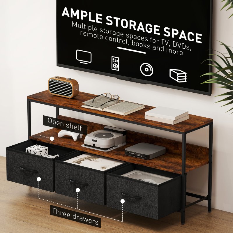 HOMCOM TV Stand Cabinet up to 55-inch, TV Unit with 3 Foldable Linen Drawers, Open Shelf for Living Room, Bedroom, Entertainment Room, Rustic Brown