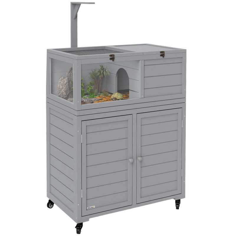 PawHut Tortoise House with Storage Cabinet, Wooden Tortoise Enclosure with Lamp Holder, Openable Top, Transparent Windows, Turtle Habitat for Indoor, Light Grey