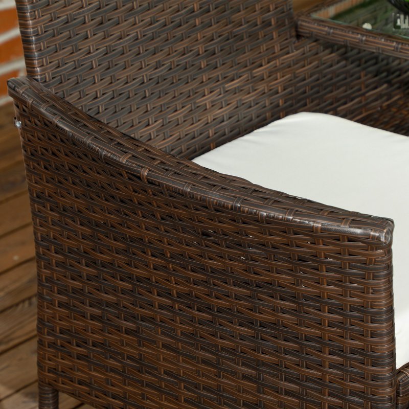 Outsunny 2 Seat Rattan Garden Bench, Patio Wicker Chair with Glass Tea Table, Outdoor Love Seat with Padded Cushions, for Garden, Porch, Brown/Cream White