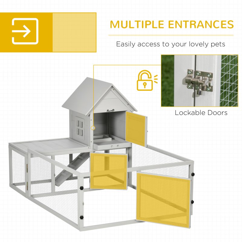 PawHut Wooden Rabbit Hutch with Run Large Guinea Pig Cage, Small Animal House for Indoor with Tray, 151.5 x 106 x 97cm, Light Grey