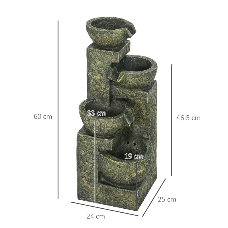Outsunny Outdoor Garden Water Feature with 4-Tier Stacked Stone Look Bowls, Patio Cascading Waterfall Fountain, Adjustable Flow, Rustic Decor, Black and Yellow