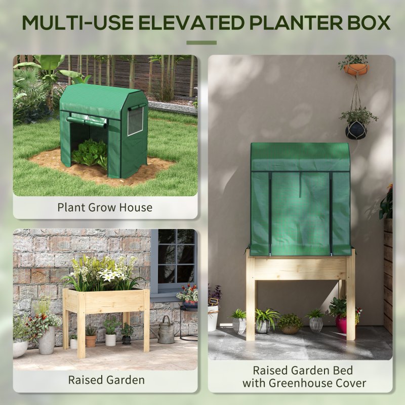 Outsunny Wooden Raised Planter with Plastic Greenhouse Cover and Bed Liner, Elevated Garden Bed for Vegetables, Flowers, Herbs, 86 x 60 x 165cm, Green