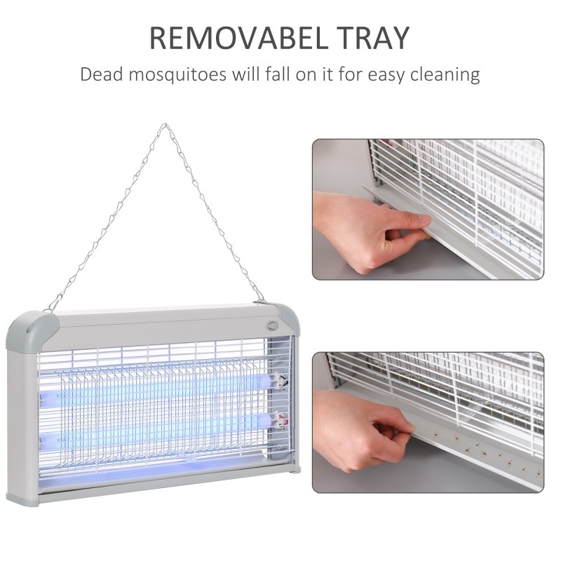 Outsunny 30W Electric Fly Zapper, Bug Zapper with UK Plug, 2 UV Bulbs, Hanging Chain, On/Off Switch and Removable Catch Tray, 60?O Coverage Insect Mosquito Killer for Indoor and Outdoor Use, Grey