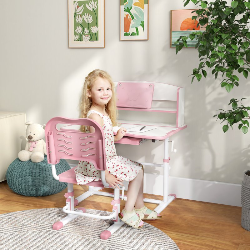 ZONEKIZ Kids Desk and Chair Set, Height Adjustable Children School Study Table with Drawer, Bookshelf, Adjustable Angle Tabletop, Non-slip Mat, for Ages 6-12 Years - Pink